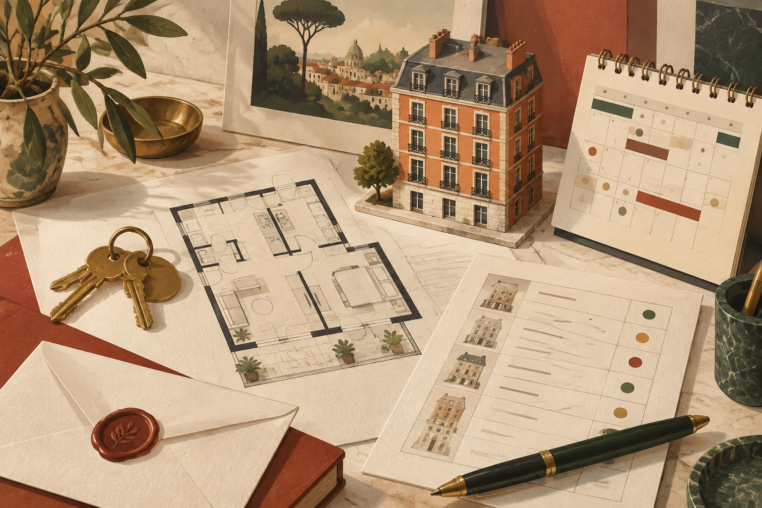 Carnet de gestion avec plan de logement, clés, échéancier et suivi des loyers
